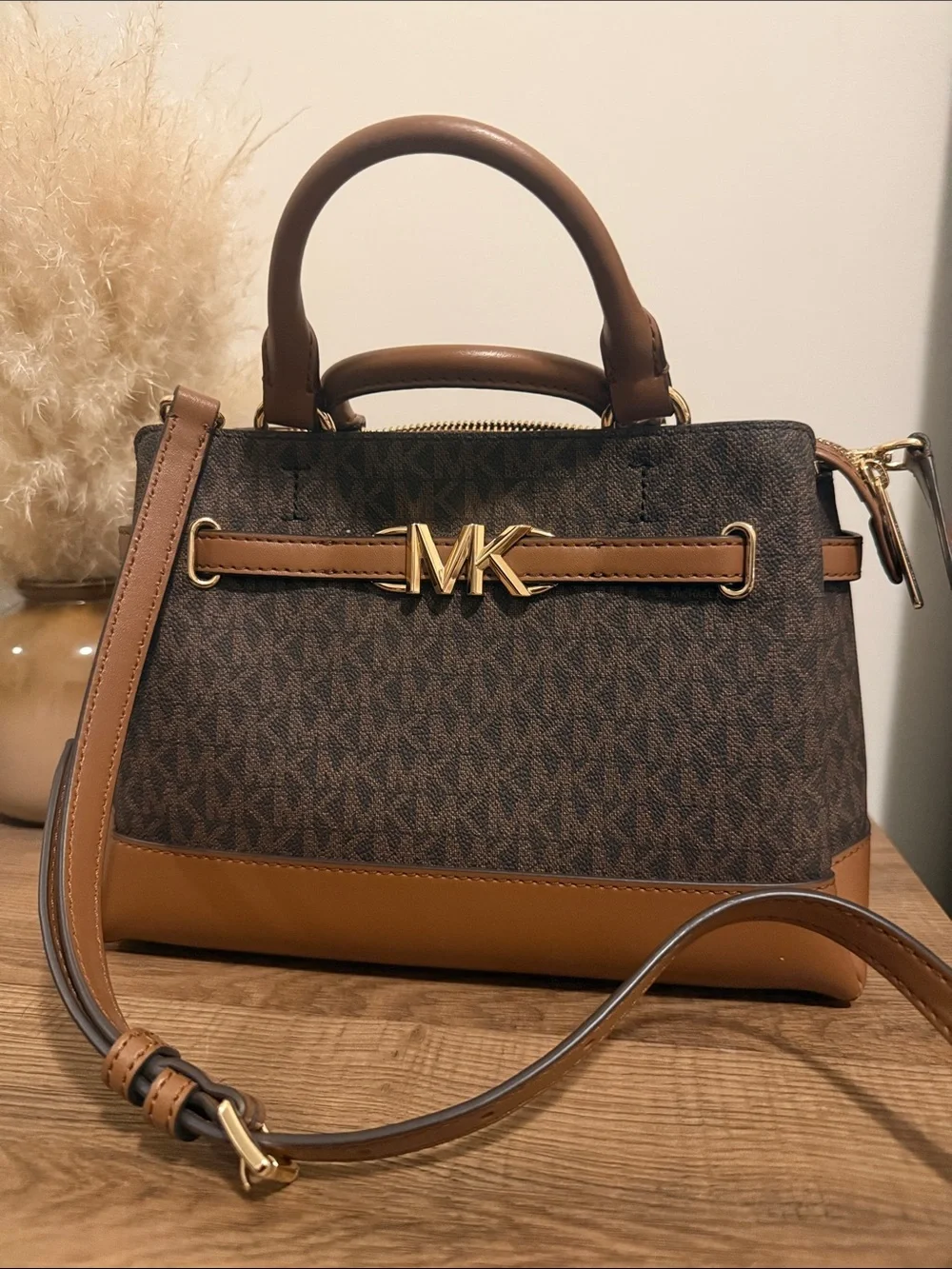 Michael Kors Brown Logo-Print Leather Satchel with Gold MK Hardware